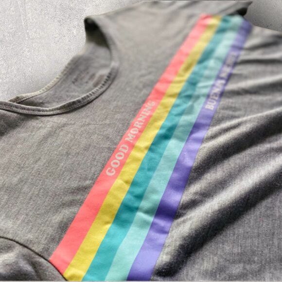 Rainbow Stripe Graphic "Good Morning" Gray Tee – Size M (10/12) - Picture 5 of 6